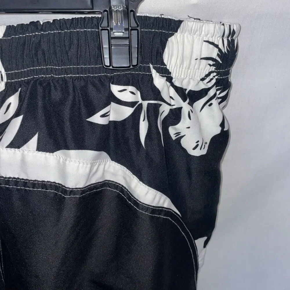 R S Surf Swim Trunks Men’s Size Large Black White Drawstring Inseam 9 Rise 12